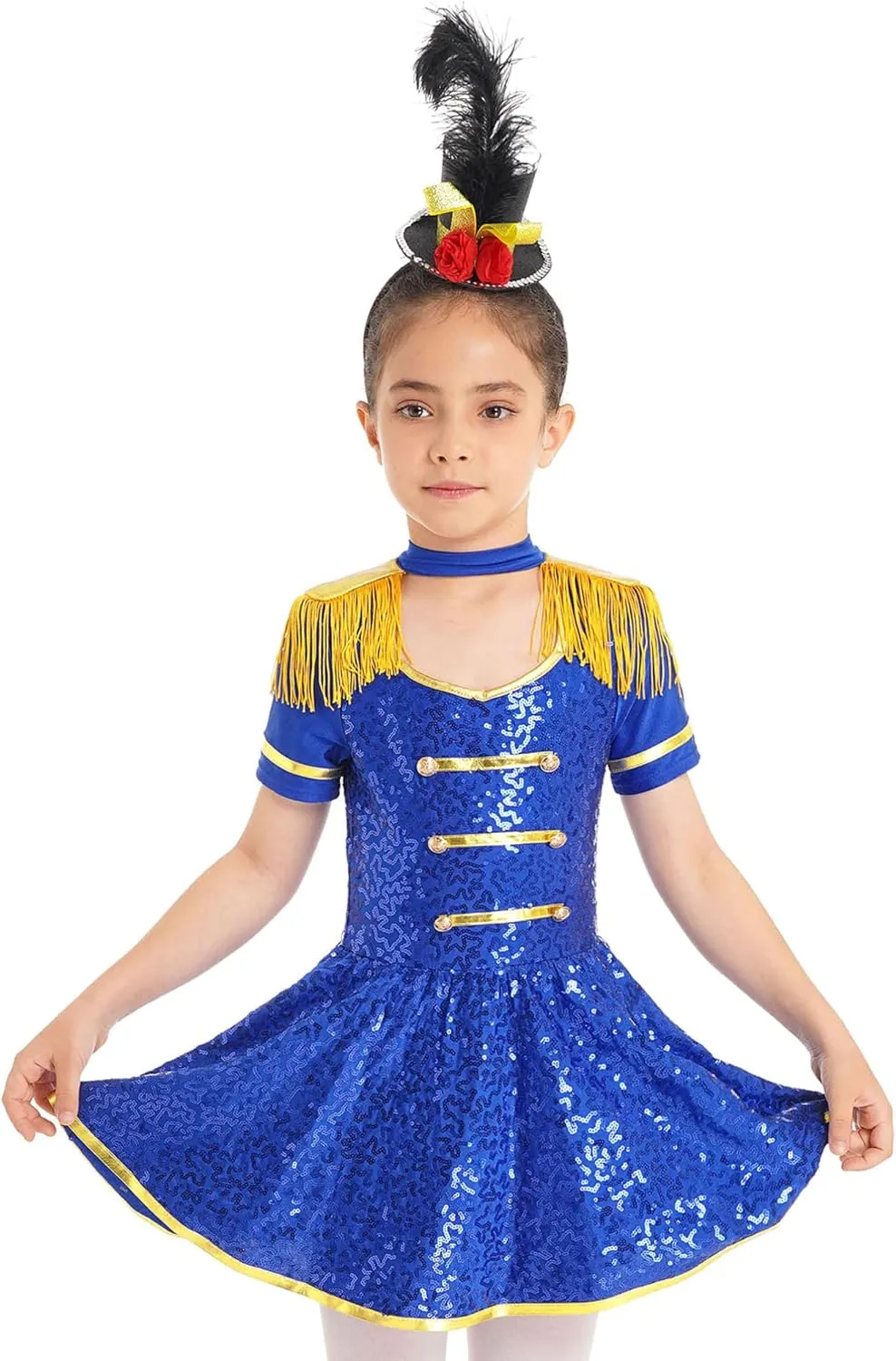 Sywiyi Girls Majorette Costume Shiny Sequins Marching Band Uniform Leotard Dress for Party Performance