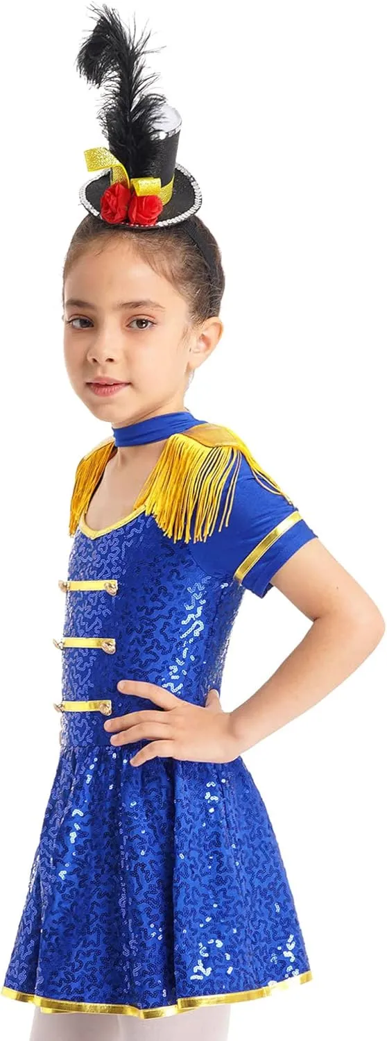 Sywiyi Girls Majorette Costume Shiny Sequins Marching Band Uniform Leotard Dress for Party Performance