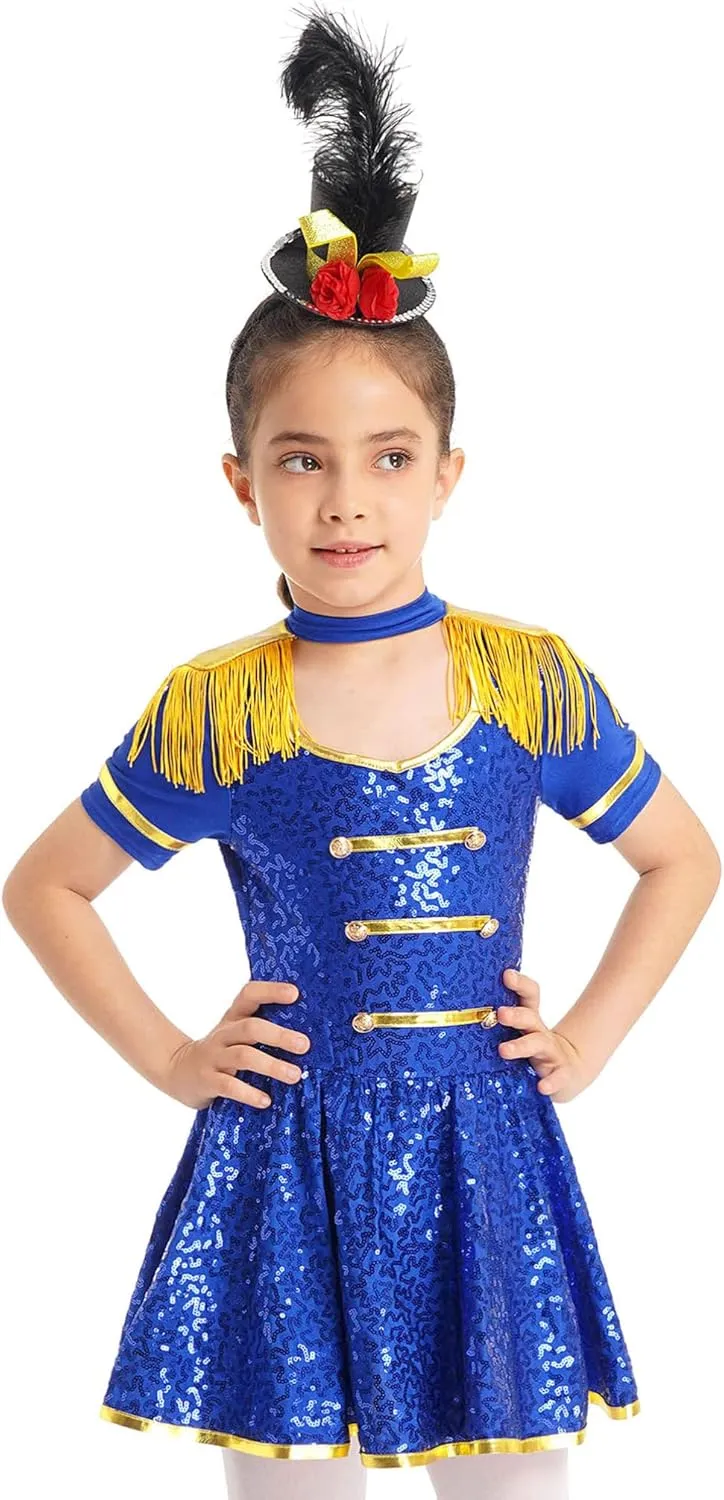 Sywiyi Girls Majorette Costume Shiny Sequins Marching Band Uniform Leotard Dress for Party Performance