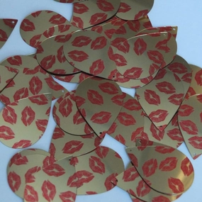 Teardrop Sequin 1.5" Red Lips Kiss Lipstick Print Gold Metallic Paillettes