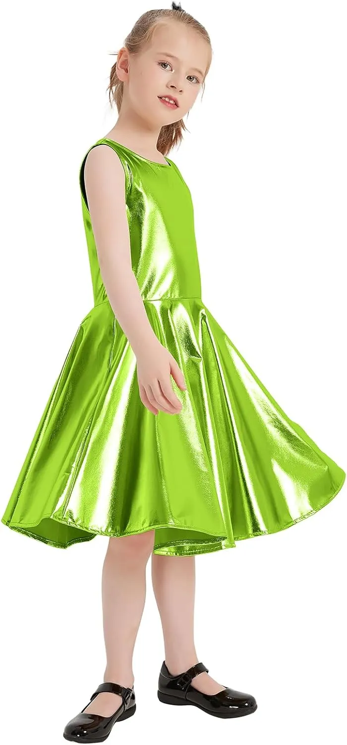 techcity Girls Metallic Shiny Dress Sparkle Flared Pleated Dresses with Sunglasses Party Dance Clothes Costumes