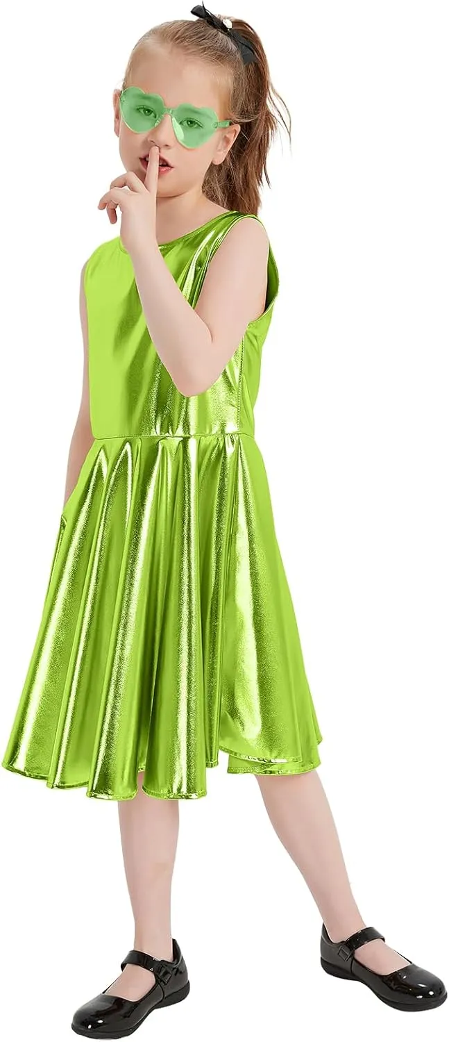 techcity Girls Metallic Shiny Dress Sparkle Flared Pleated Dresses with Sunglasses Party Dance Clothes Costumes