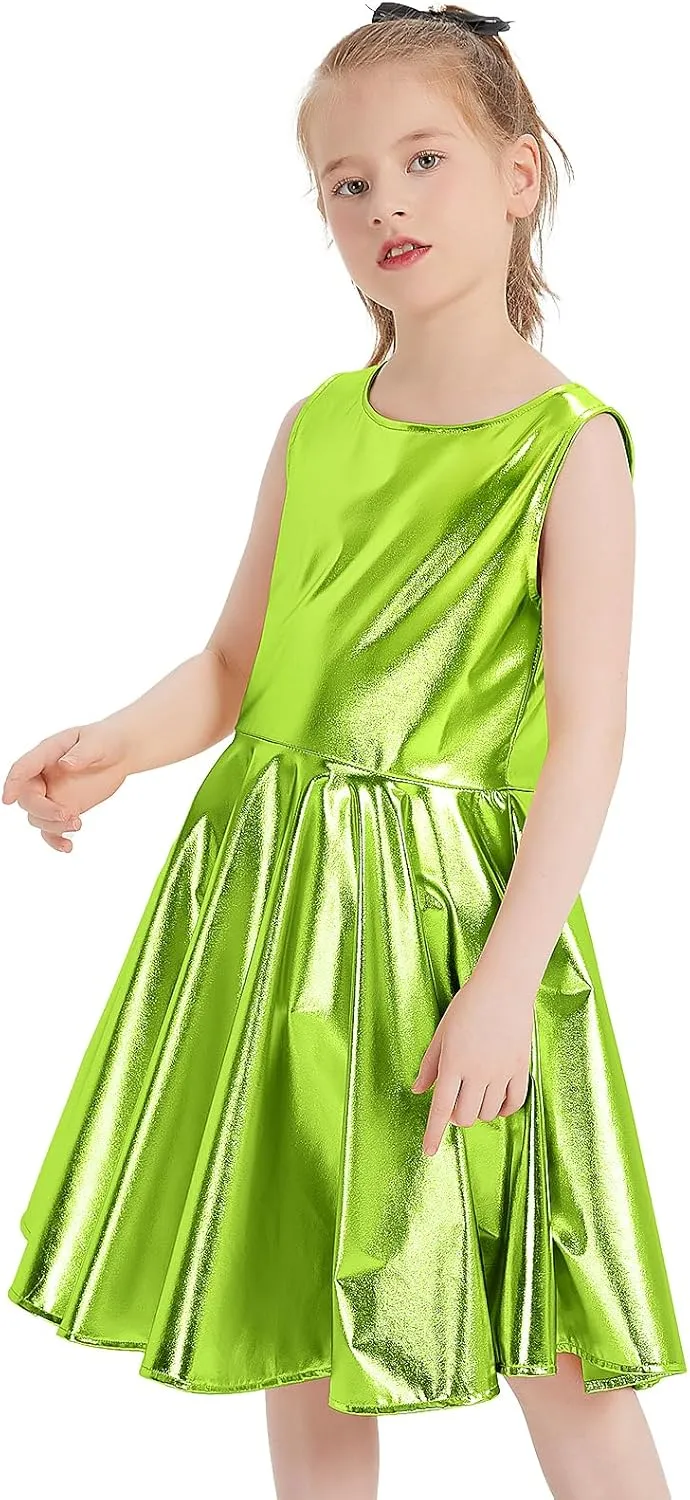 techcity Girls Metallic Shiny Dress Sparkle Flared Pleated Dresses with Sunglasses Party Dance Clothes Costumes