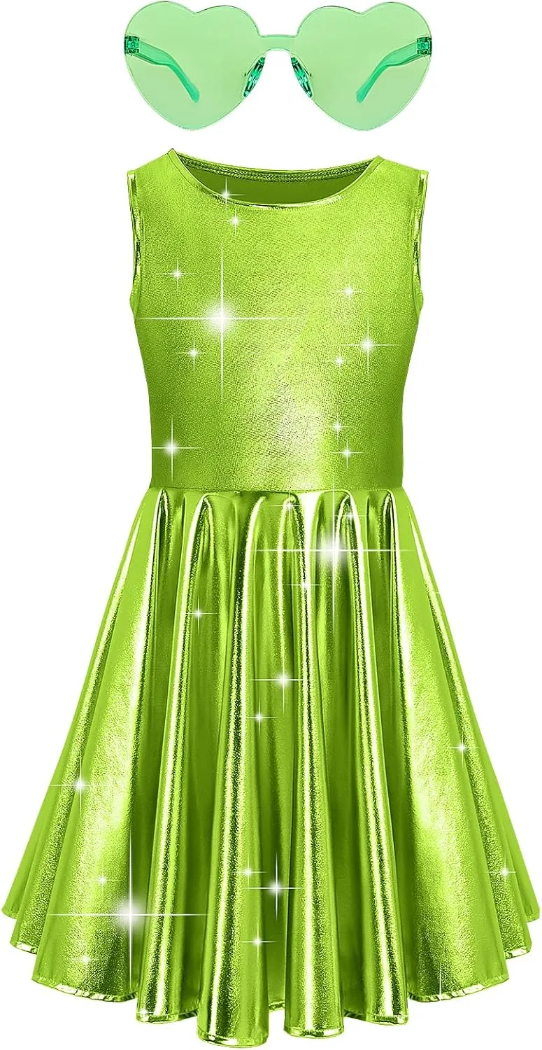 techcity Girls Metallic Shiny Dress Sparkle Flared Pleated Dresses with Sunglasses Party Dance Clothes Costumes