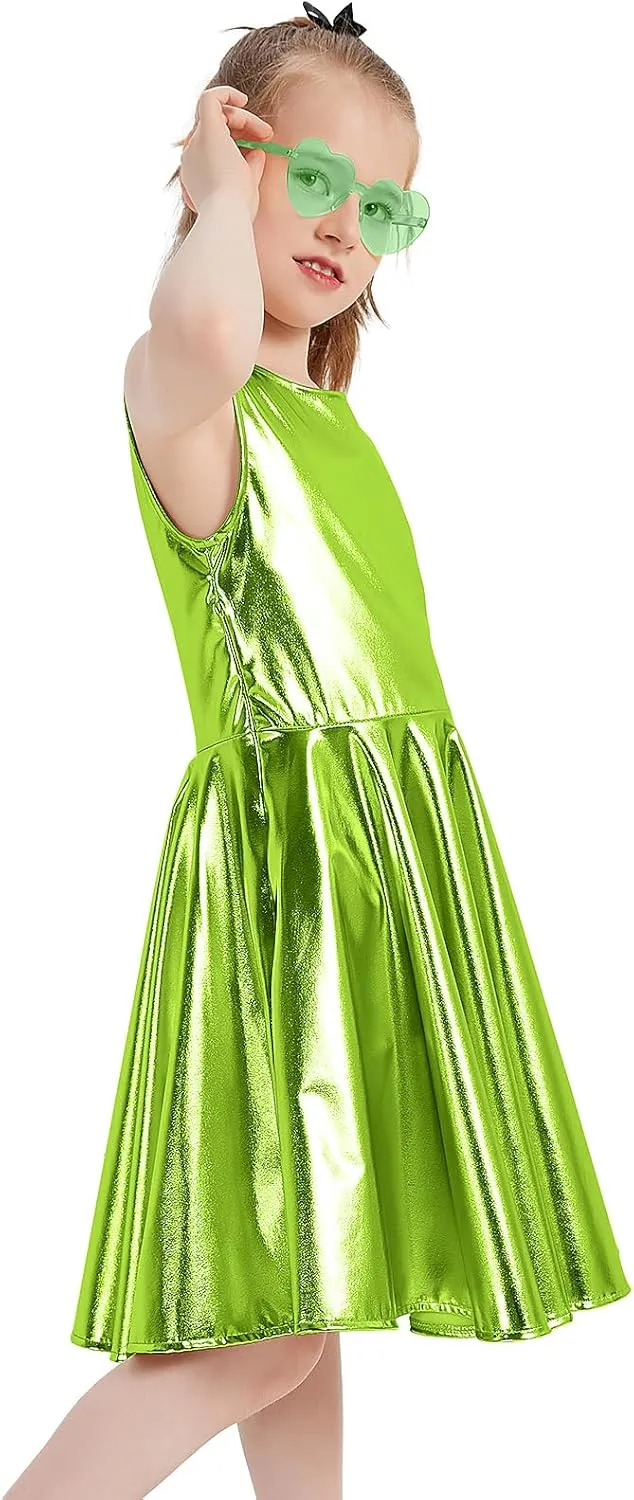 techcity Girls Metallic Shiny Dress Sparkle Flared Pleated Dresses with Sunglasses Party Dance Clothes Costumes