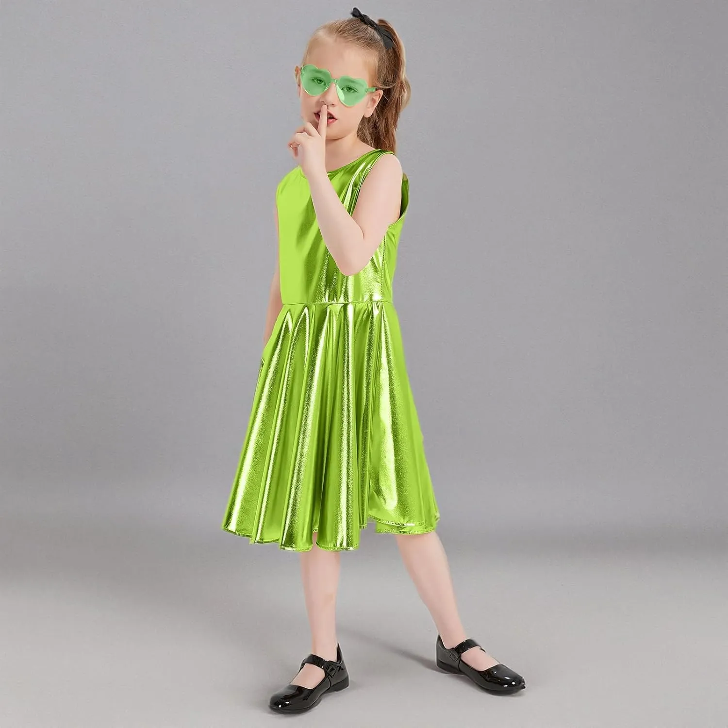 techcity Girls Metallic Shiny Dress Sparkle Flared Pleated Dresses with Sunglasses Party Dance Clothes Costumes