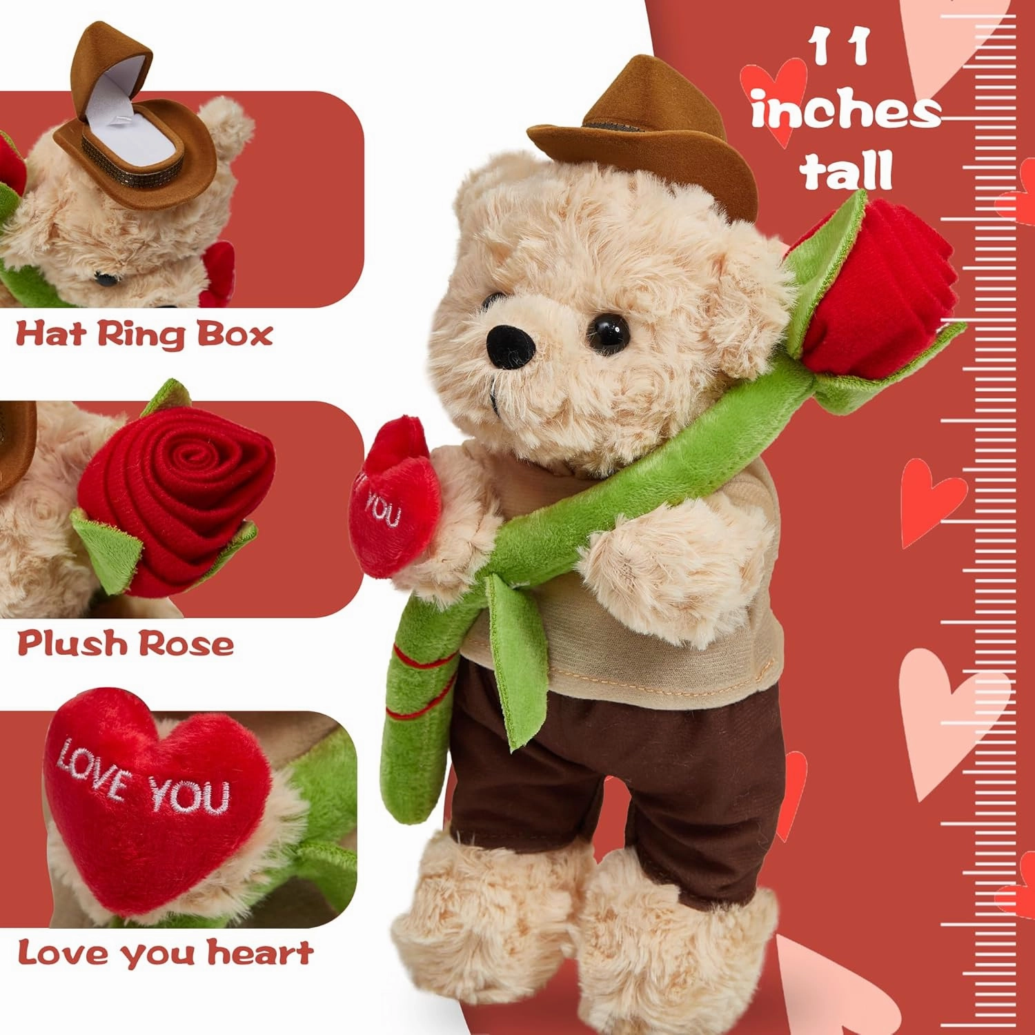 Teddy Bear Stuffed Animal for Girlfriend Boyfriend, Soft Plush Toy Teddy Bear With Rose Heart, Mothers Day Birthday Gifts for Mom Her Him Lover - 11 Inch Cute Bear Plush Present with Jewelry Box Hat