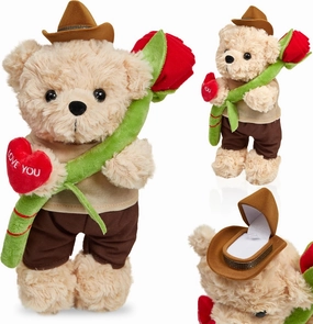 Teddy Bear Stuffed Animal for Girlfriend Boyfriend, Soft Plush Toy Teddy Bear With Rose Heart, Mothers Day Birthday Gifts for Mom Her Him Lover - 11 Inch Cute Bear Plush Present with Jewelry Box Hat