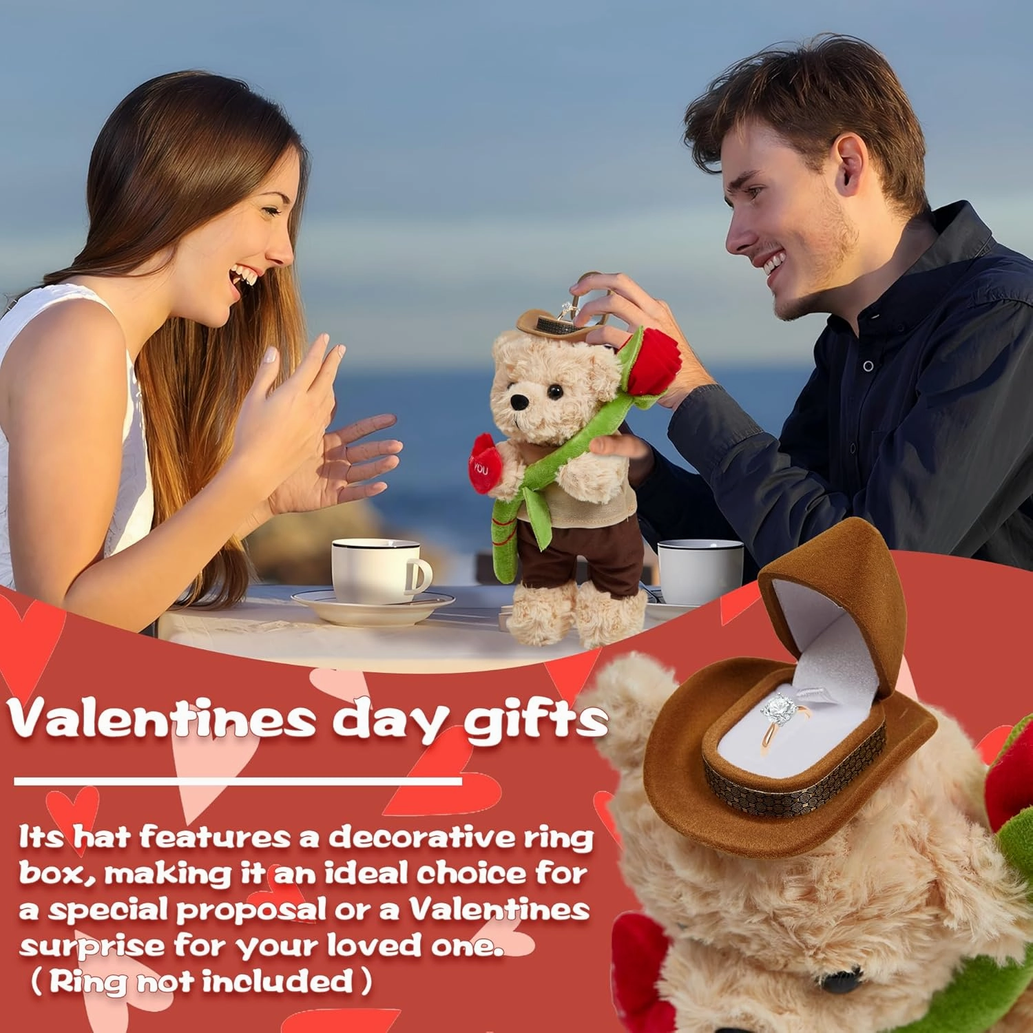 Teddy Bear Stuffed Animal for Girlfriend Boyfriend, Soft Plush Toy Teddy Bear With Rose Heart, Mothers Day Birthday Gifts for Mom Her Him Lover - 11 Inch Cute Bear Plush Present with Jewelry Box Hat