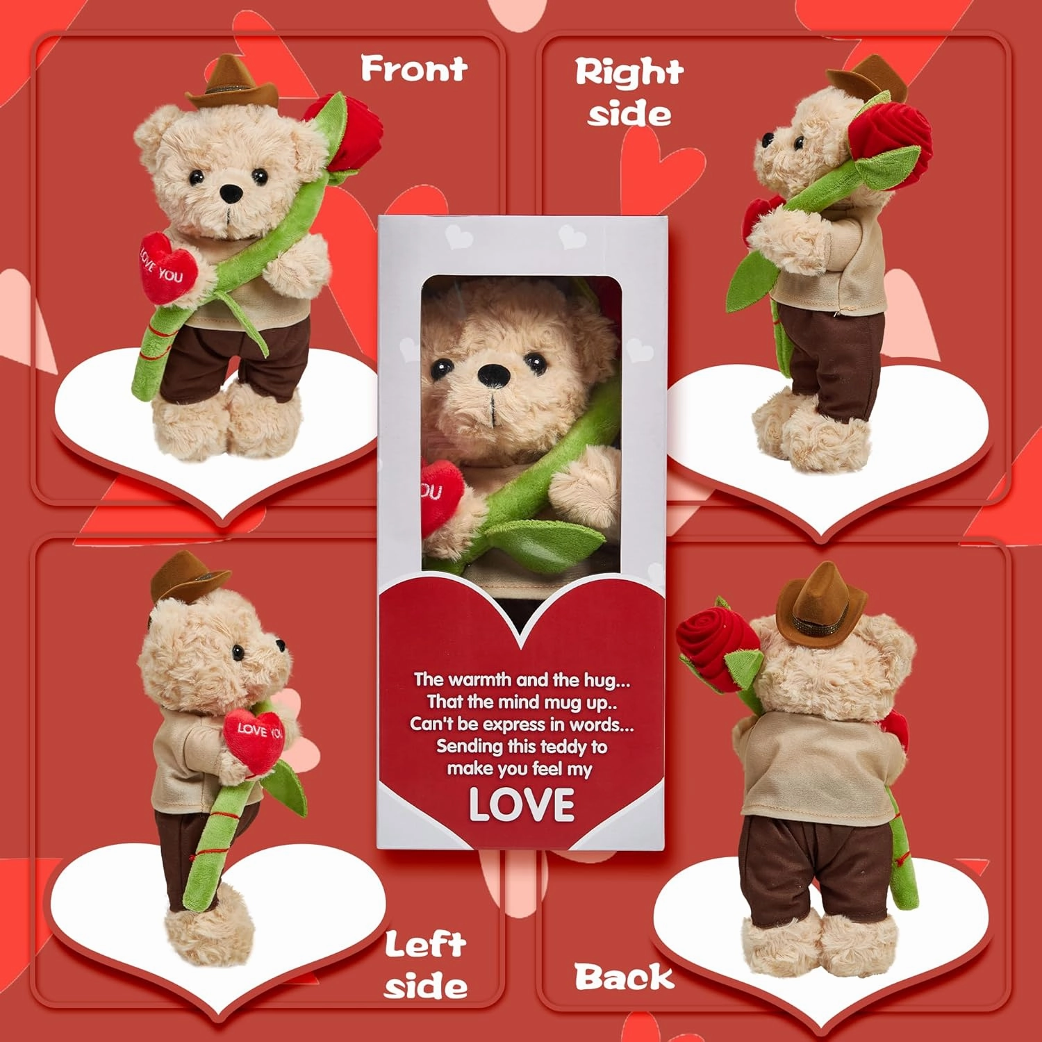 Teddy Bear Stuffed Animal for Girlfriend Boyfriend, Soft Plush Toy Teddy Bear With Rose Heart, Mothers Day Birthday Gifts for Mom Her Him Lover - 11 Inch Cute Bear Plush Present with Jewelry Box Hat
