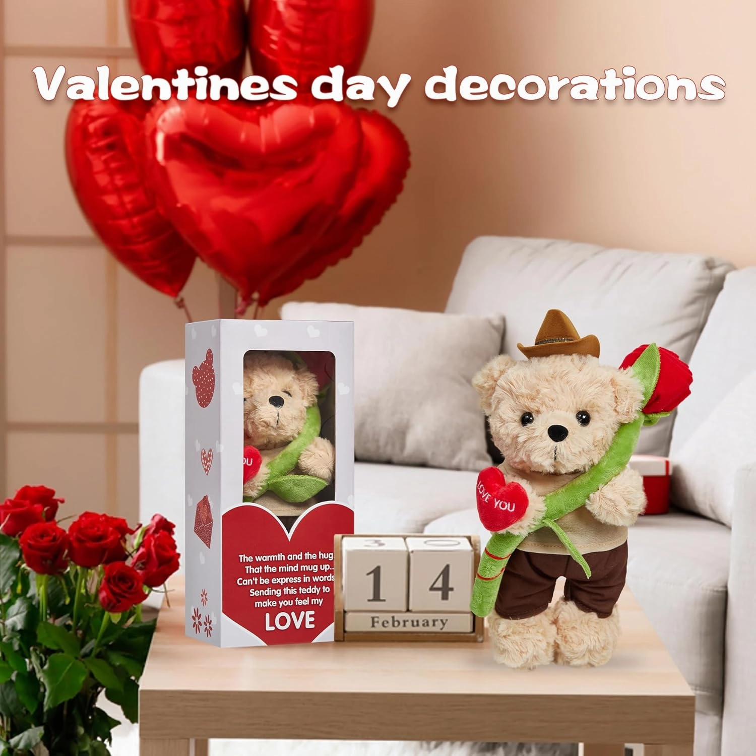 Teddy Bear Stuffed Animal for Girlfriend Boyfriend, Soft Plush Toy Teddy Bear With Rose Heart, Mothers Day Birthday Gifts for Mom Her Him Lover - 11 Inch Cute Bear Plush Present with Jewelry Box Hat