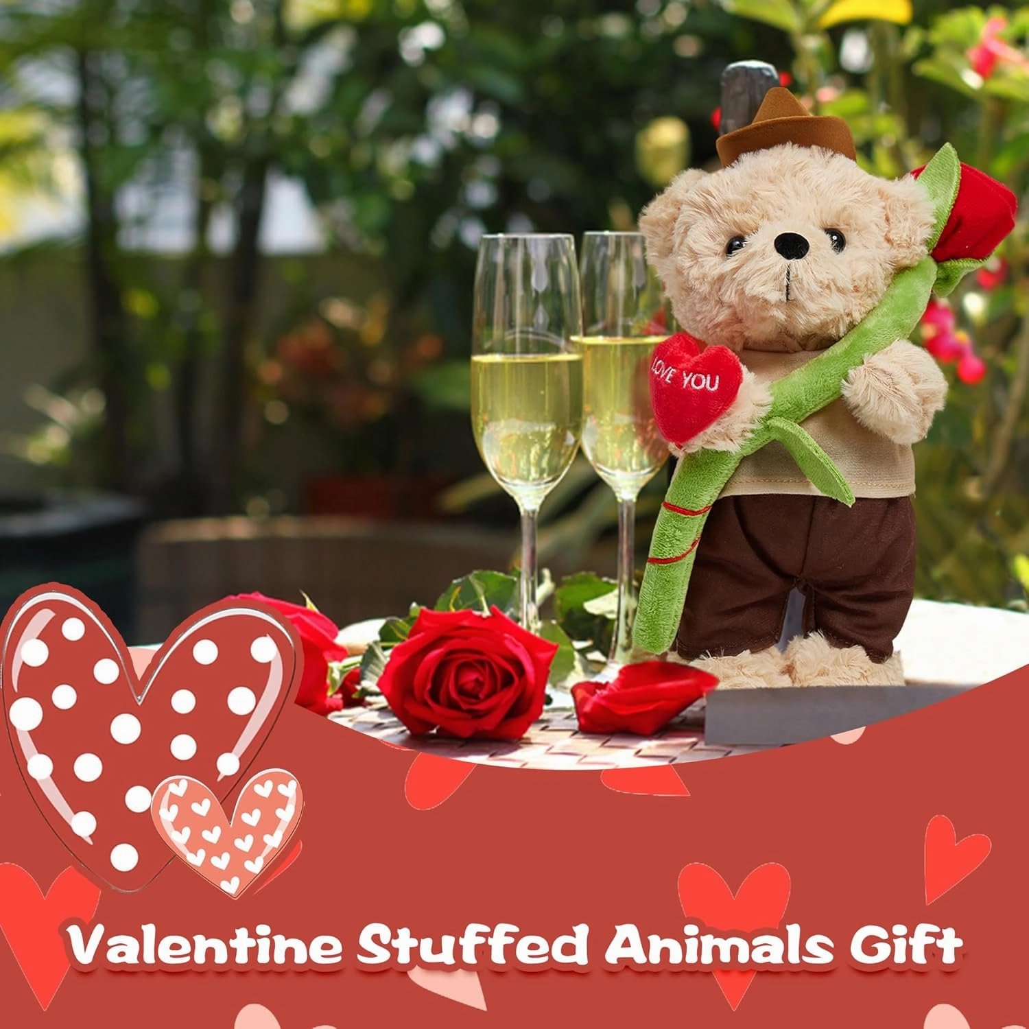 Teddy Bear Stuffed Animal for Girlfriend Boyfriend, Soft Plush Toy Teddy Bear With Rose Heart, Mothers Day Birthday Gifts for Mom Her Him Lover - 11 Inch Cute Bear Plush Present with Jewelry Box Hat