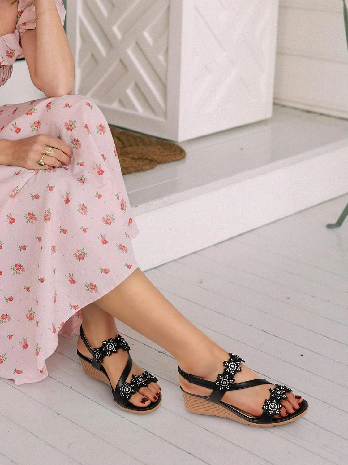 TEMOFON Wedge Sandals for Women Dressy: Summer Open Toe Elastic Ankle Strap - Comfortable Bohemian Low Wedge Sandals