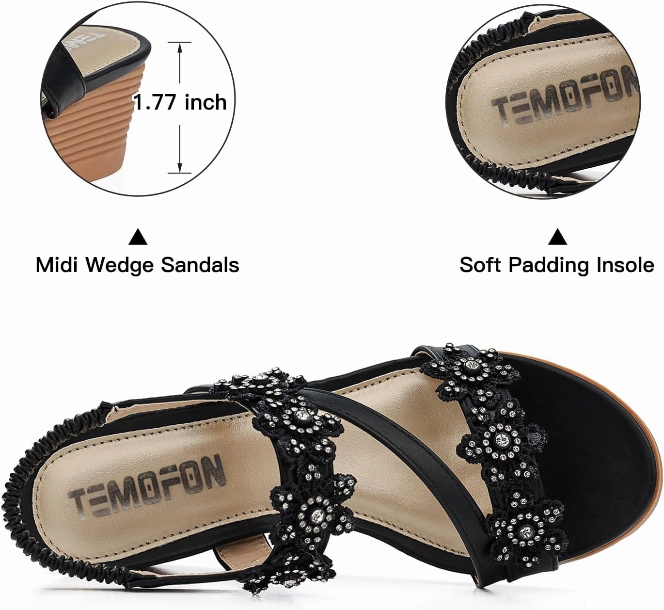 TEMOFON Wedge Sandals for Women Dressy: Summer Open Toe Elastic Ankle Strap - Comfortable Bohemian Low Wedge Sandals