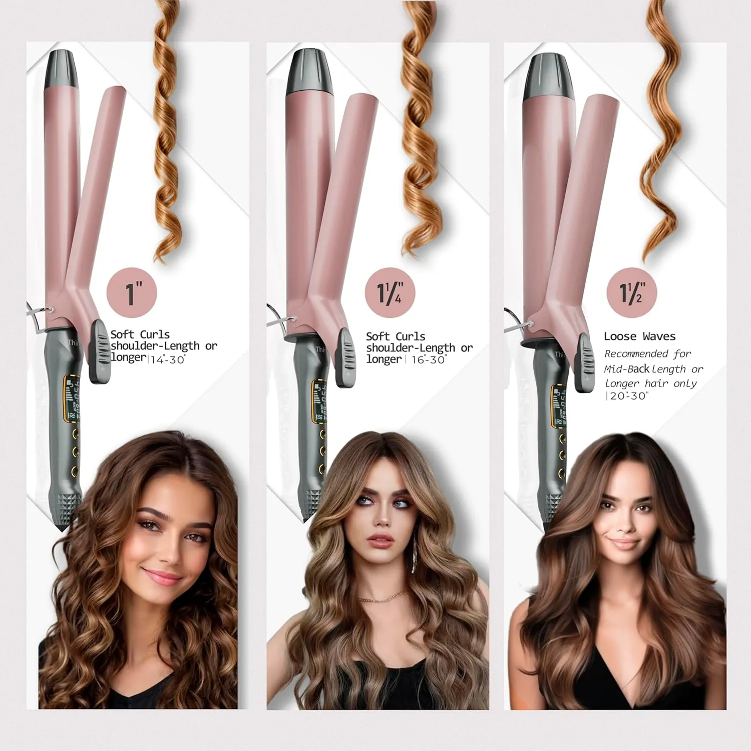 Thirtek Extra Long Barrel Curling Iron 1 1/2 Inch,Large Ceramic Curling Wand 1.5 in,Tailored for Long Hair,Fast Heating Up to 450°F for Thick & Coarse Hair,15 Temps Setting | LCD Display | Rose Gold