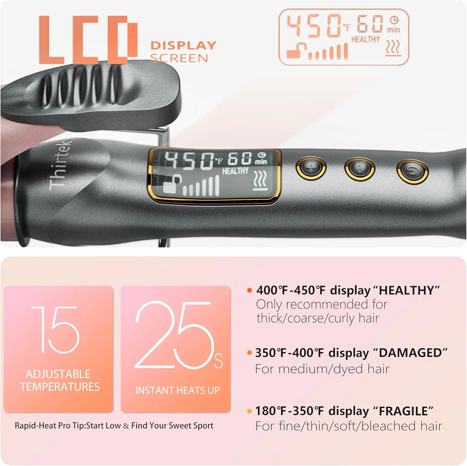 Thirtek Extra Long Barrel Curling Iron 1 1/2 Inch,Large Ceramic Curling Wand 1.5 in,Tailored for Long Hair,Fast Heating Up to 450°F for Thick & Coarse Hair,15 Temps Setting | LCD Display | Rose Gold