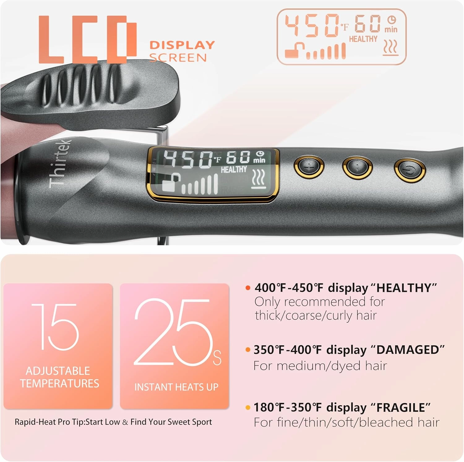 Thirtek Extra Long Barrel Curling Iron 1 1/2 Inch,Large Ceramic Curling Wand 1.5 in,Tailored for Long Hair,Fast Heating Up to 450°F for Thick & Coarse Hair,15 Temps Setting | LCD Display | Rose Gold