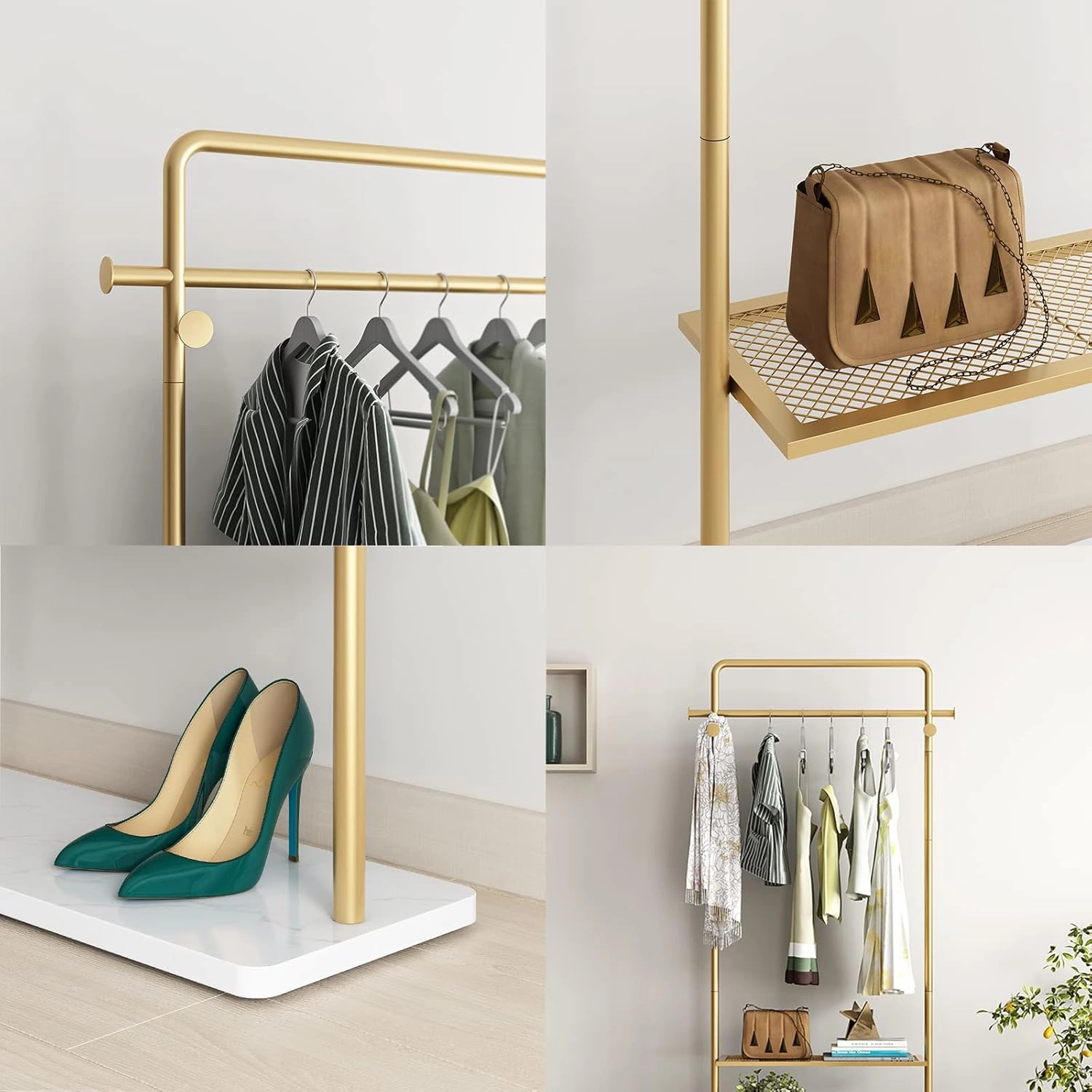 TIEOU Gold Clothing Racks with Shelf, Heavy Duty Gold Clothes Racks for Boutiques, Free-Standing Metal Garment Rack for Hanging Clothes, Modern Coat Rack Entryway