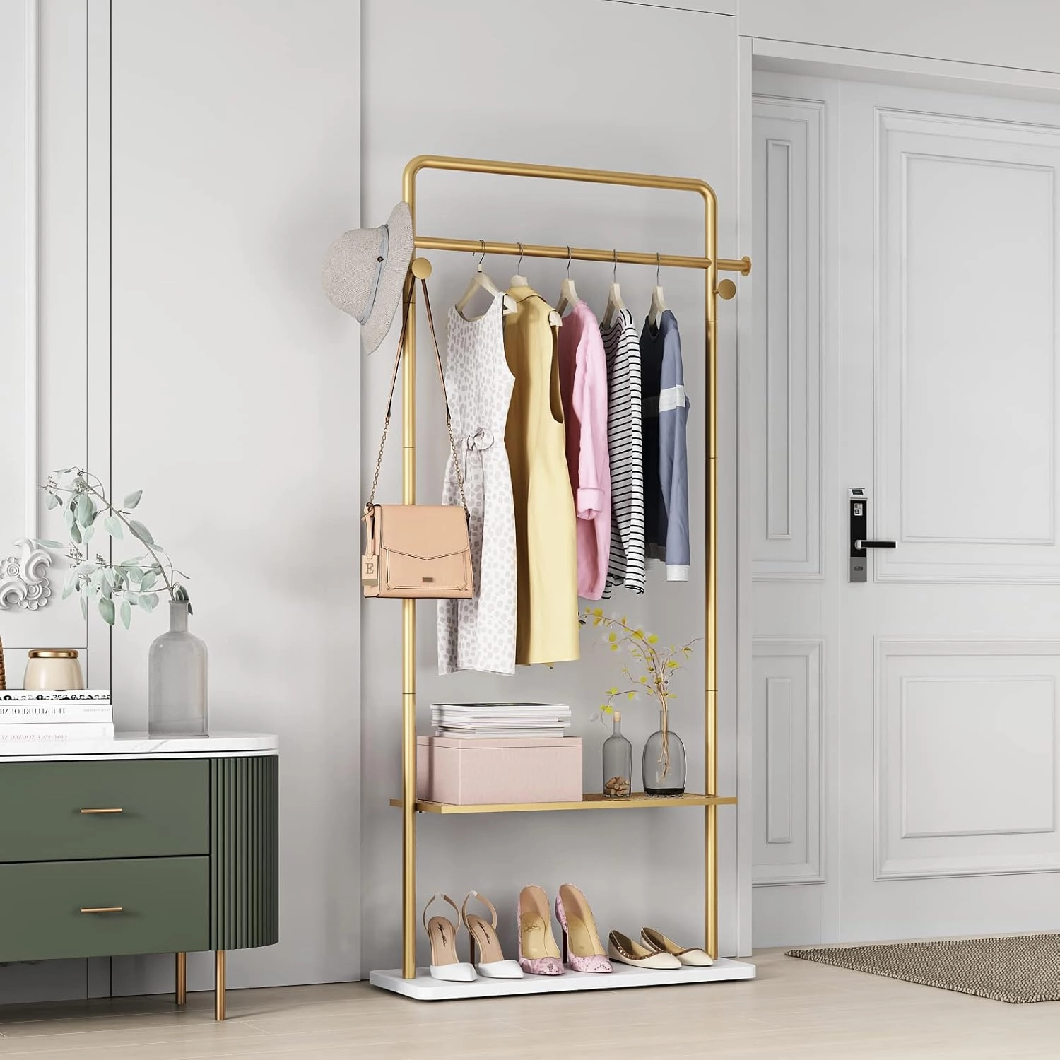 TIEOU Gold Clothing Racks with Shelf, Heavy Duty Gold Clothes Racks for Boutiques, Free-Standing Metal Garment Rack for Hanging Clothes, Modern Coat Rack Entryway