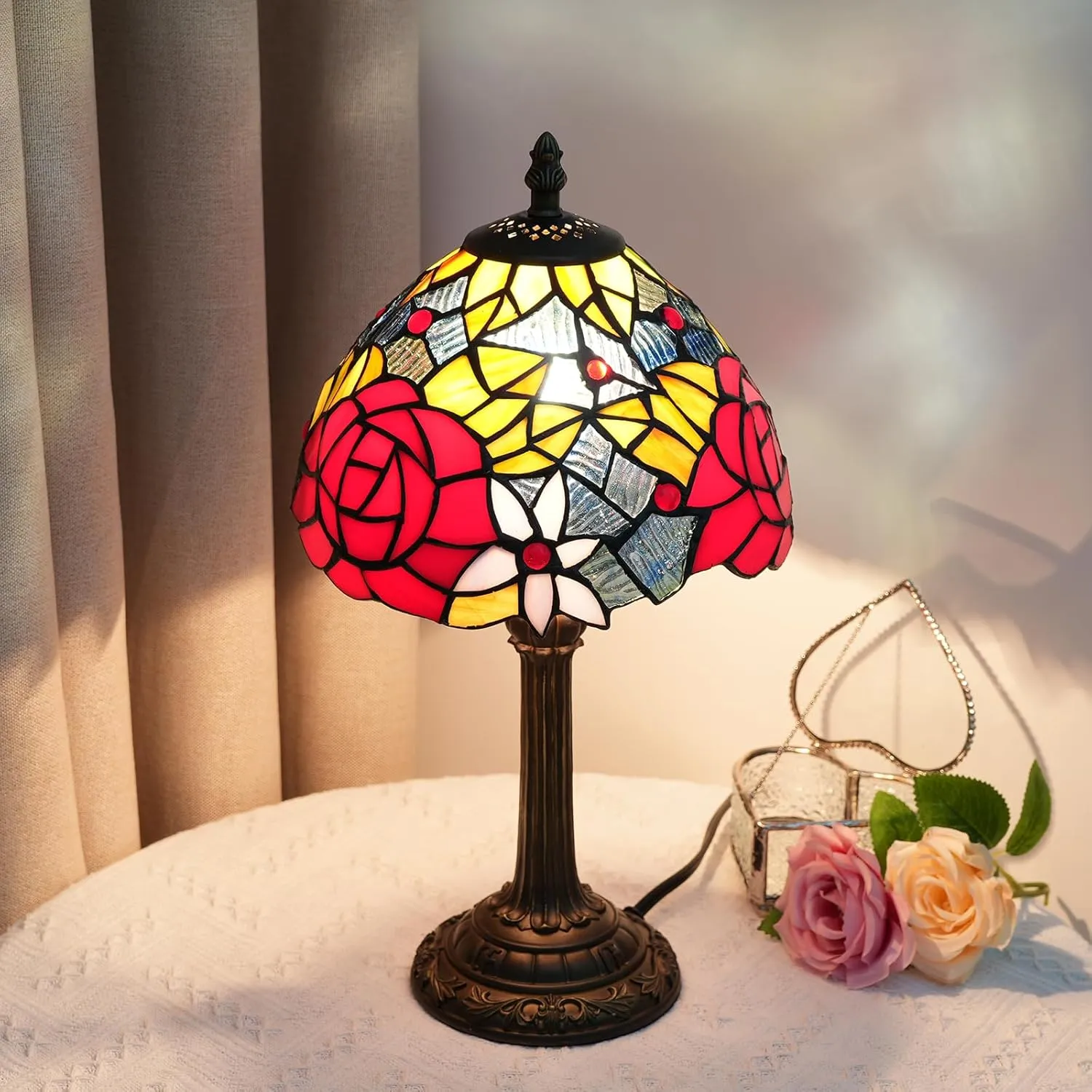 Tiffany Lamp Bedside Table Lamp-Nightstand,Stained Glass Lamp for Bedroom Dorm Living Kitchen, Aesthetic Cute Home Decor Gift (Rose)
