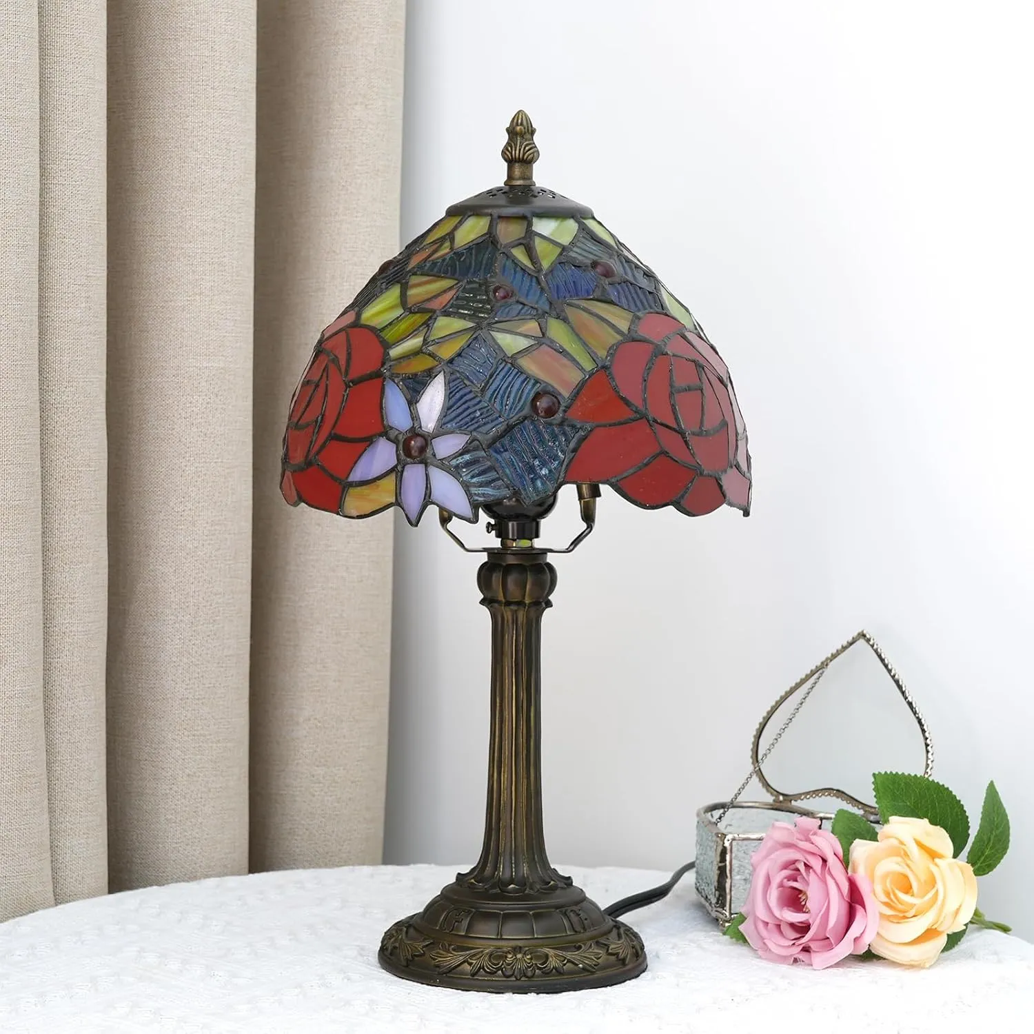 Tiffany Lamp Bedside Table Lamp-Nightstand,Stained Glass Lamp for Bedroom Dorm Living Kitchen, Aesthetic Cute Home Decor Gift (Rose)