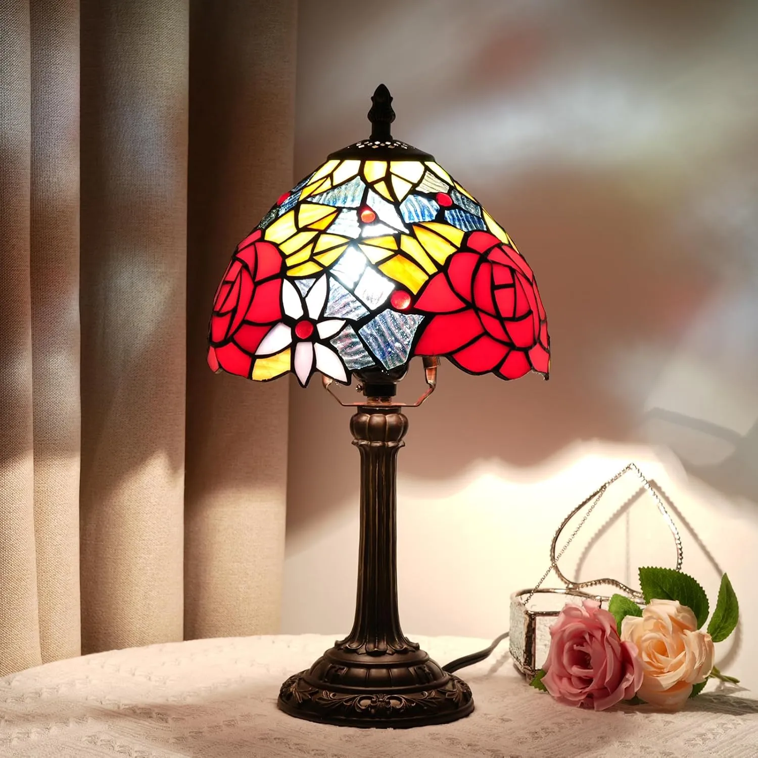 Tiffany Lamp Bedside Table Lamp-Nightstand,Stained Glass Lamp for Bedroom Dorm Living Kitchen, Aesthetic Cute Home Decor Gift (Rose)