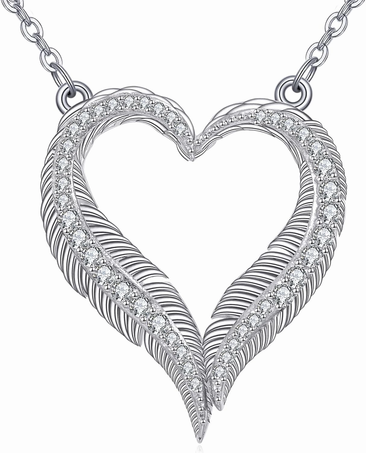 TIGER RIDER Feather Heart Necklace 925 Sterling Silver Cubic Zirconia Feather Necklace Love Pendant Necklace Heart Jewelry Birthday Gifts for Women Wife