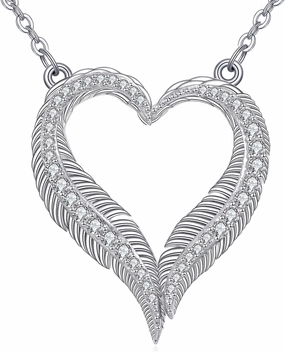 TIGER RIDER Feather Heart Necklace 925 Sterling Silver Cubic Zirconia Feather Necklace Love Pendant Necklace Heart Jewelry Birthday Gifts for Women Wife