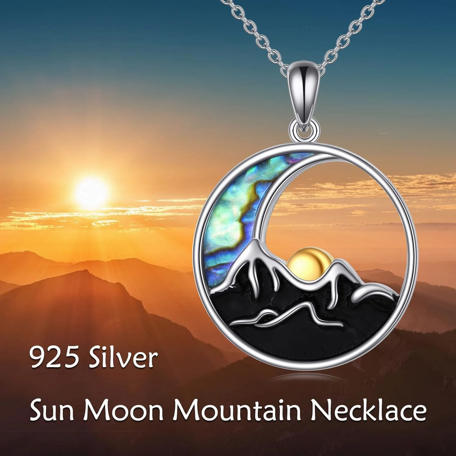 TIGER RIDER Sun Moon Necklace Sterling Silver Mountain Range Crescent Moon Sun Peace Sign Pendant Nature Jewelry Gifts Birthday Gifts for Women Wife
