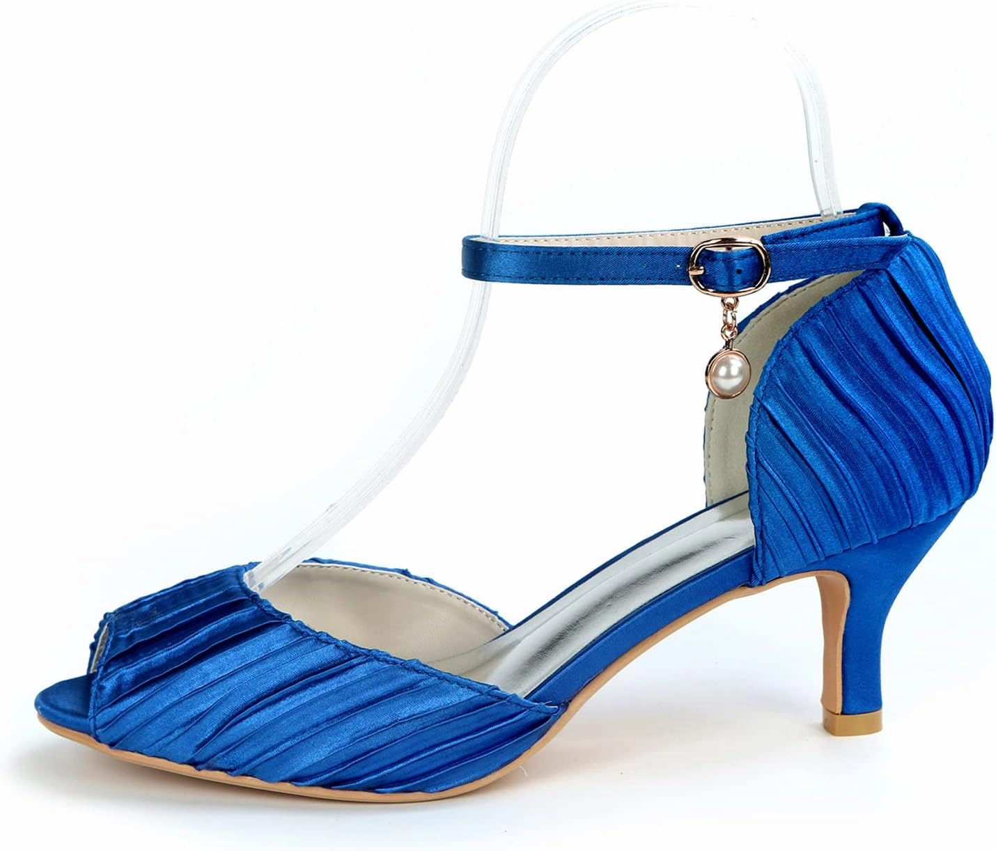 TNXZ Women's Kitten Heel Pumps Ladies Peep Toe Ankle Strap Dress Stiletto Pleated Satin Elegant Shoes for Bride