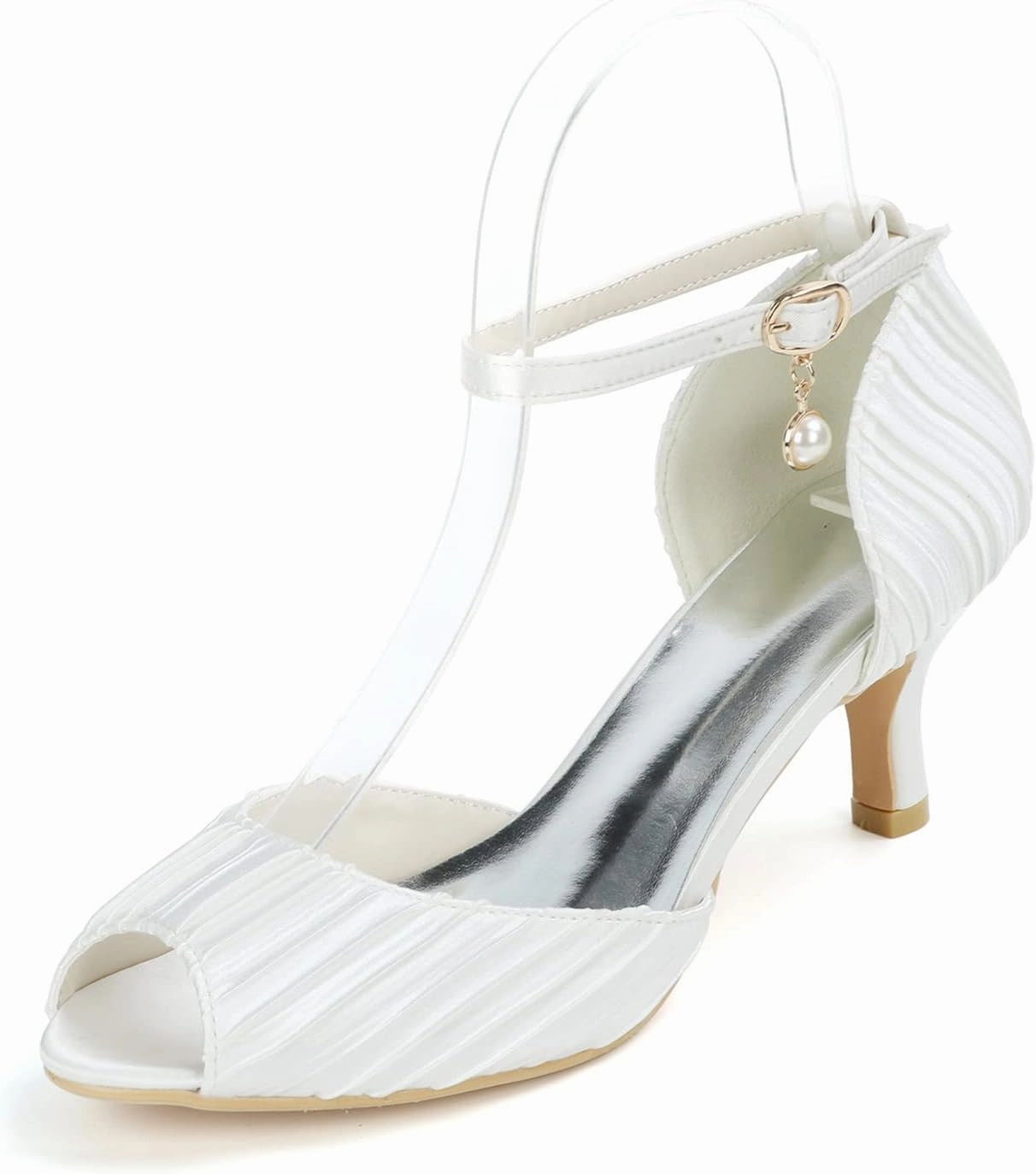 TNXZ Women's Kitten Heel Pumps Ladies Peep Toe Ankle Strap Dress Stiletto Pleated Satin Elegant Shoes for Bride