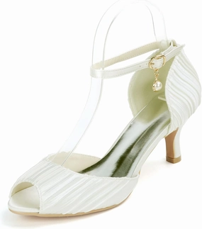 TNXZ Women's Kitten Heel Pumps Ladies Peep Toe Ankle Strap Dress Stiletto Pleated Satin Elegant Shoes for Bride