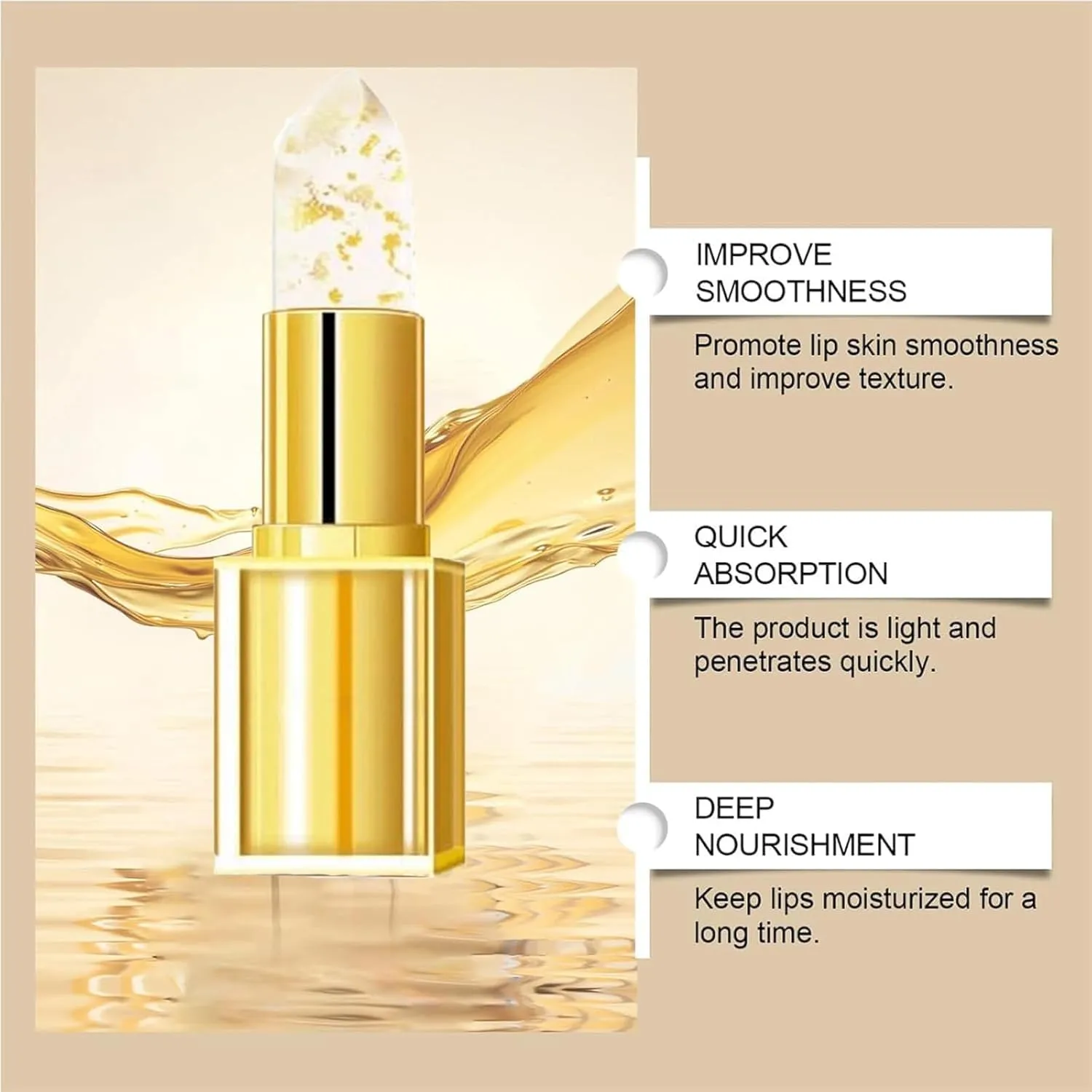 Transferproof Color Changing Lipstick, Gold Crystal Color Changing Transparente Lipstick, Moisturizing Lip Balm, Long Lasting 24 Hours (2 PCS Gold)