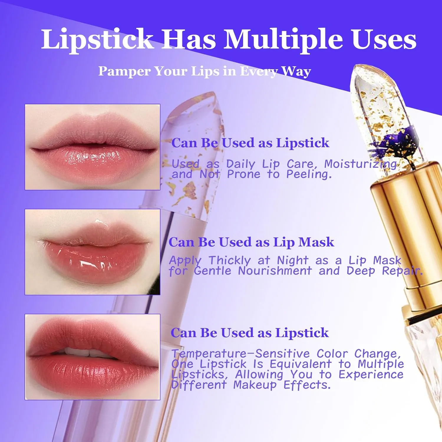 Transferproof Color Changing Lipstick,Color Changing Lipstick Gold Foil for Women (03 04)