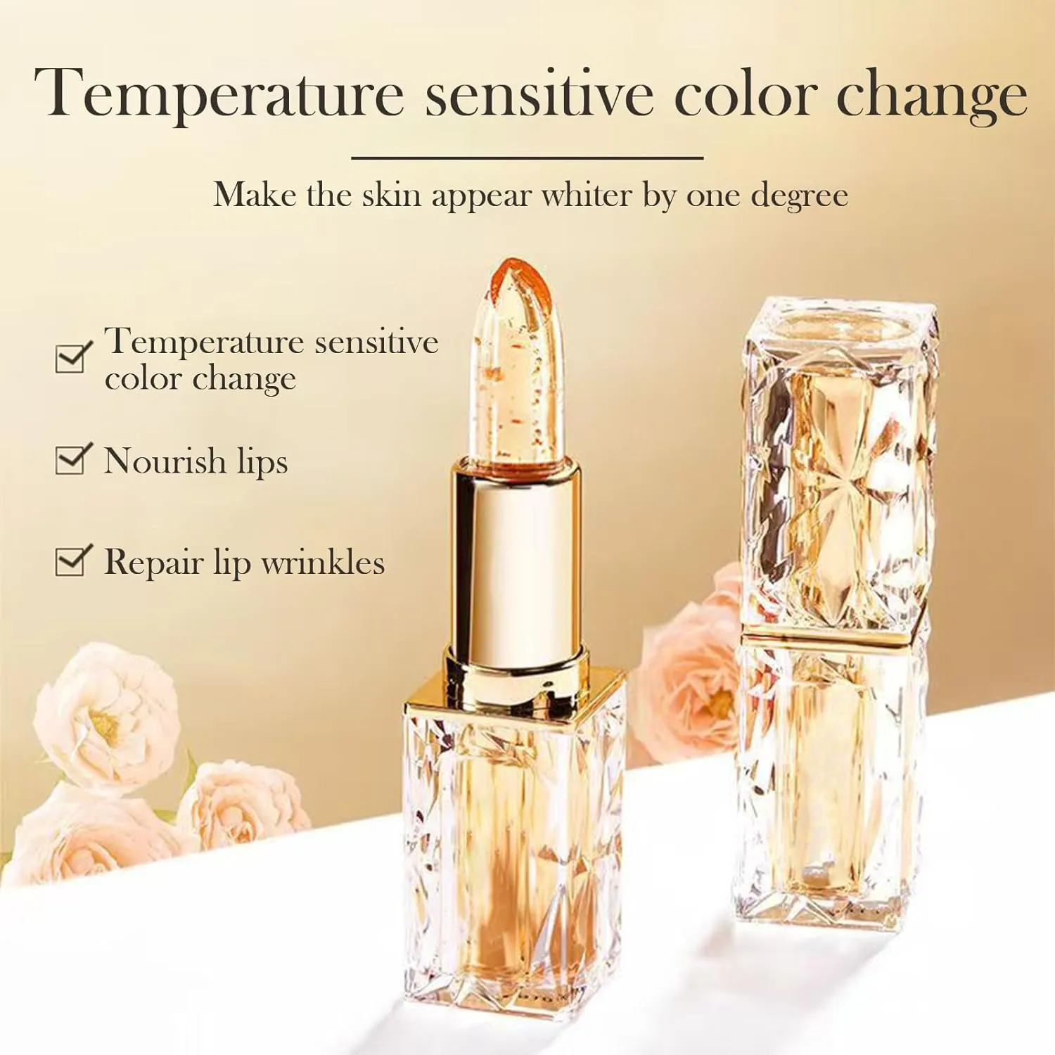 Transferproof Color Changing Lipstick,Gold Crystal Lipstick Color Changing Long Lasting,Vitamin E Nourishing For Cracked & Dry Lips (02)