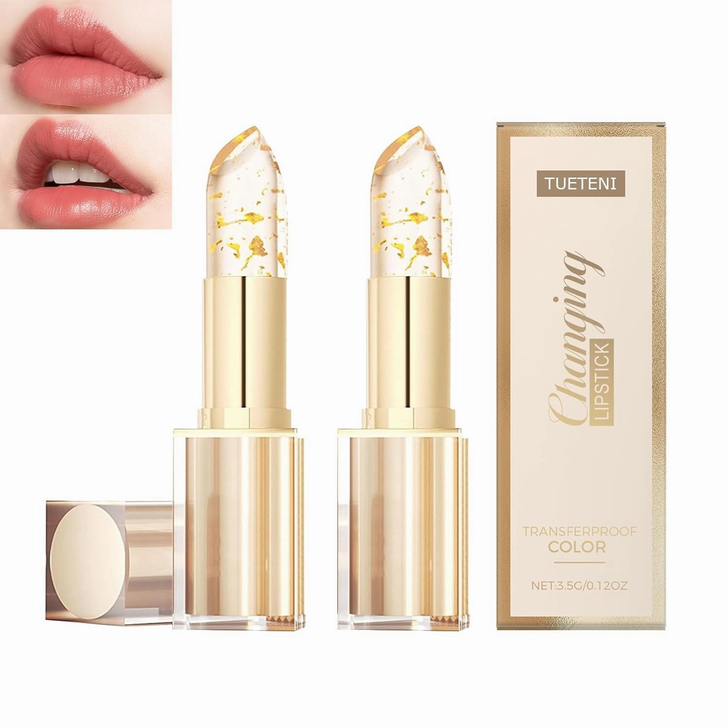 Transferproof Color Changing Lipstick, Color Changing Lipstick Gold Foil for Women Long Lasting 24 Hours, Moisturizing Glossy Shine Lip Gloss, Deep Nourishment(2pcs)