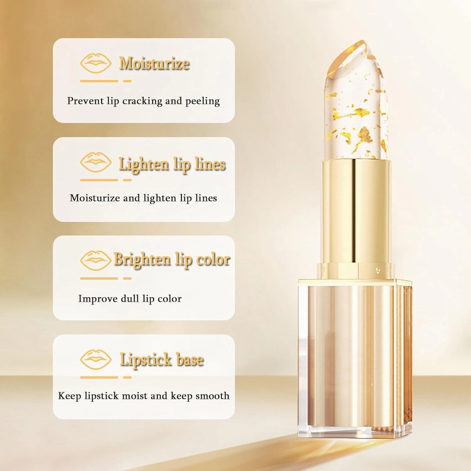 Transferproof Color-Changing Lipstick, Gold Crystal Color Changing Lips tick, Moisturizing Glossy Shine Lip Gloss, Auto-Tints on Contact (Gold, 2pc)