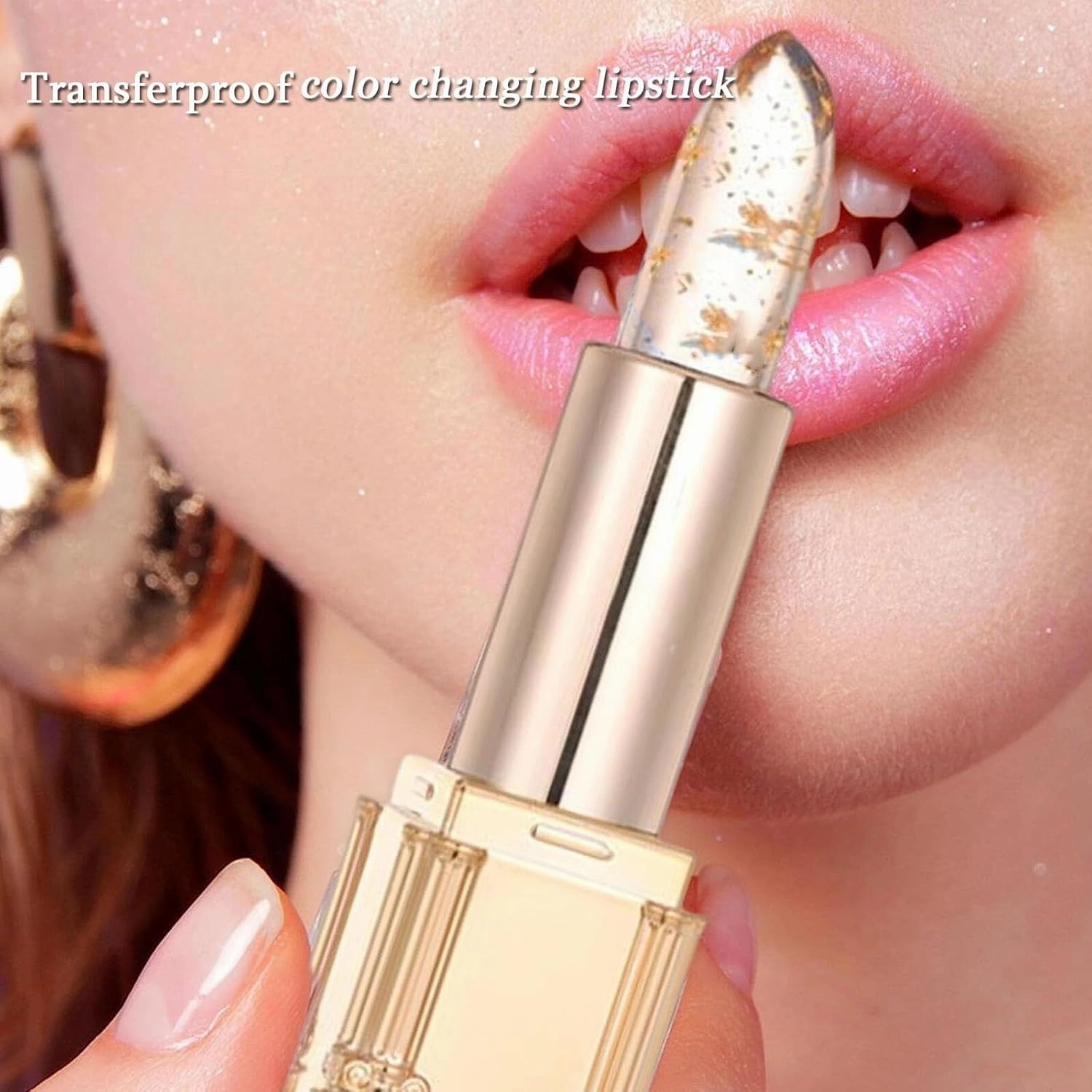 Transferproof Color-Changing Lipstick, Gold Crystal Color Changing Lips tick, Moisturizing Glossy Shine Lip Gloss, Auto-Tints on Contact (Gold, 2pc)