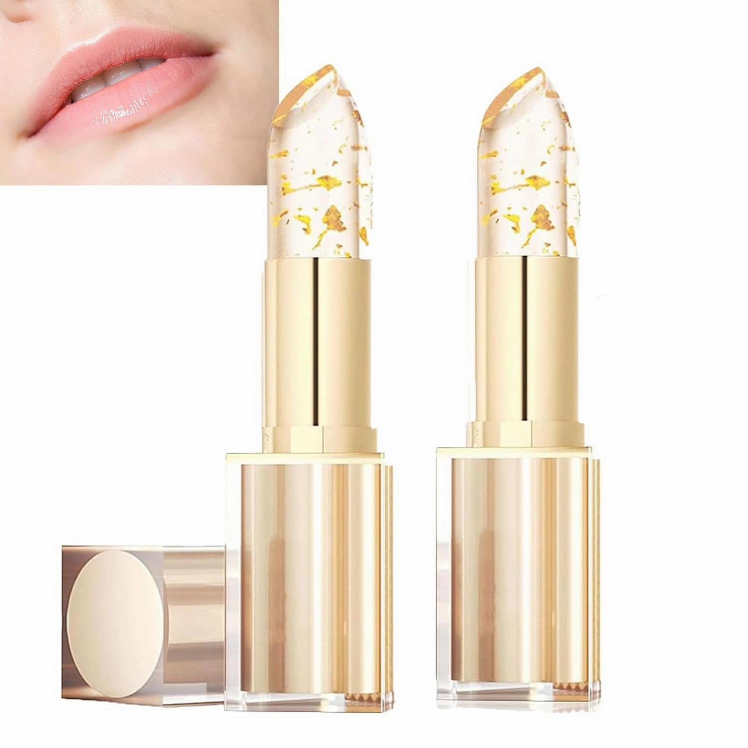 Transferproof Color Changing Lipstick,Gold Crystal Ph Lipstick Color Changing,Long Lasting 24 Hours Moisturizing Glossy Shine Lip Gloss for Women（ 2pcs）