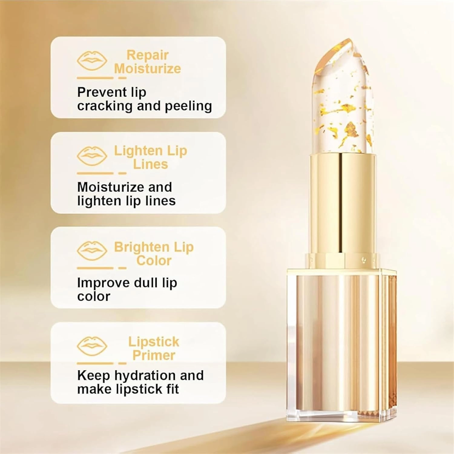 Transferproof Color Changing Lipstick, Women's Gold Foil Transparent Lipstick, Gold Crystal Ph LipstickColorChanging, Moisturizing Glossy Shine Lip Gloss, Deep Nourishment (1pcs)