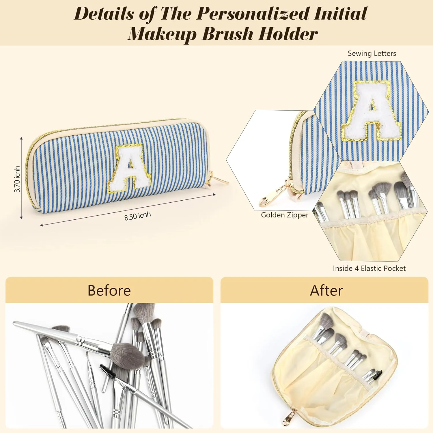 Travel Makeup Bag Gift for Women Girl Teens Preppy Stuff Cosmetic Bag Set, Cute Make Up Bag With Handle Personalized Initial Makeup Pouch Skin Care with Makeup Brush Bag Letter M (Blue&White Stripes)