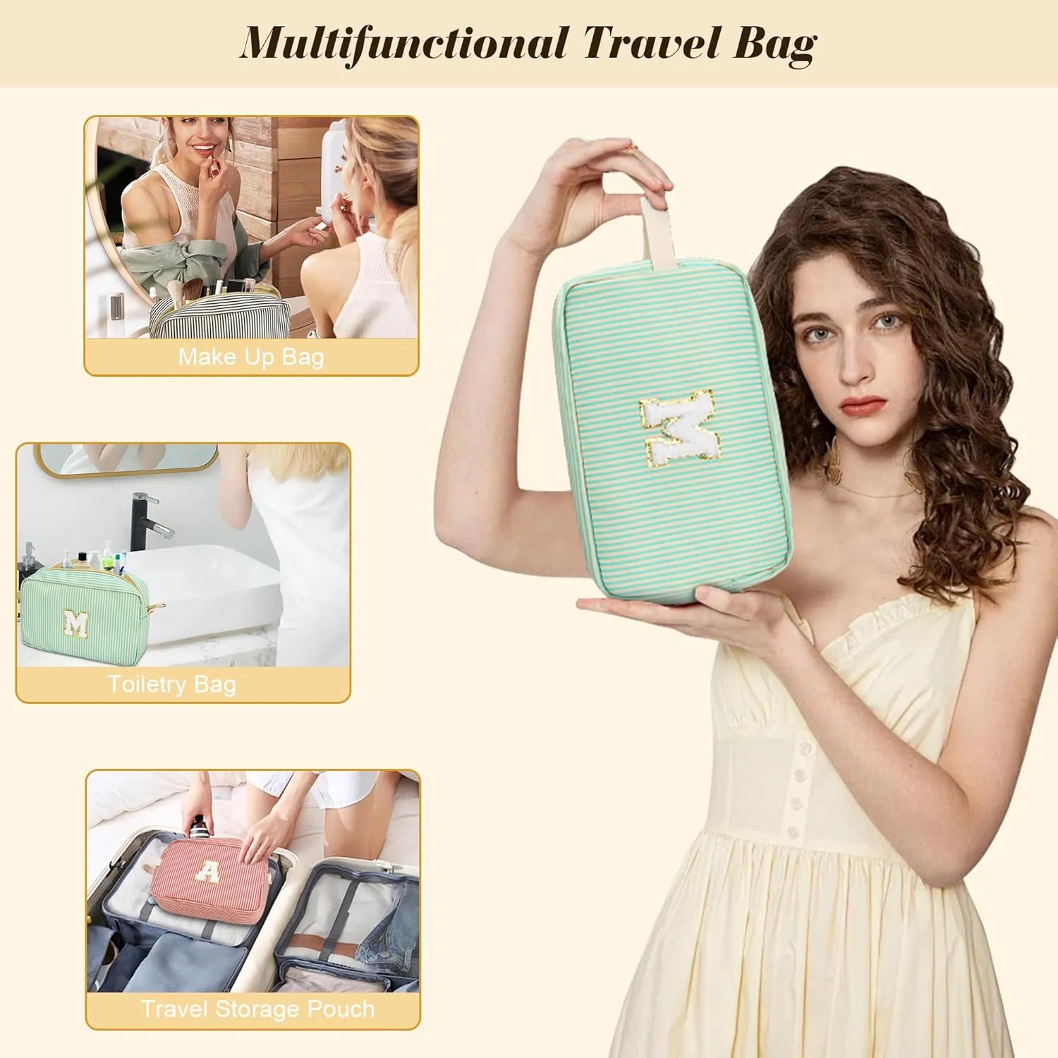 Travel Makeup Bag Gift for Women Girl Teens Preppy Stuff Cosmetic Bag Set, Cute Make Up Bag With Handle Personalized Initial Makeup Pouch Skin Care with Makeup Brush Bag Letter M (Blue&White Stripes)