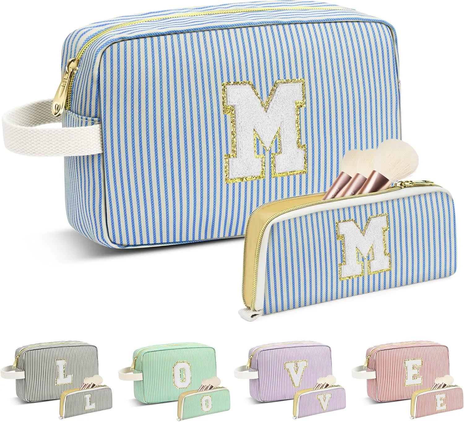 Travel Makeup Bag Gift for Women Girl Teens Preppy Stuff Cosmetic Bag Set, Cute Make Up Bag With Handle Personalized Initial Makeup Pouch Skin Care with Makeup Brush Bag Letter M (Blue&White Stripes)