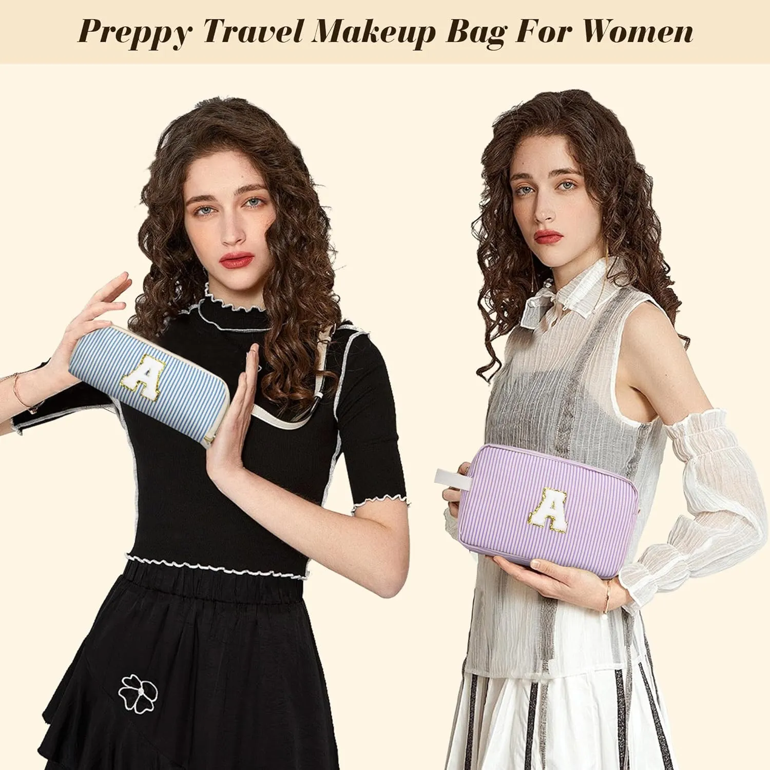 Travel Makeup Bag Gift for Women Girl Teens Preppy Stuff Cosmetic Bag Set, Cute Make Up Bag With Handle Personalized Initial Makeup Pouch Skin Care with Makeup Brush Bag Letter M (Blue&White Stripes)