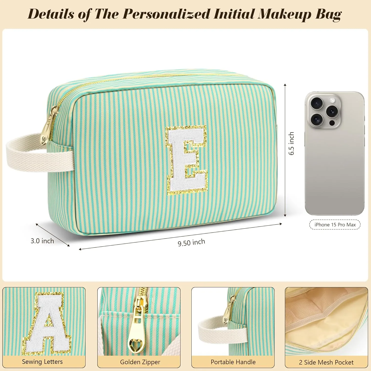 Travel Makeup Bag Gift for Women Girl Teens Preppy Stuff Cosmetic Bag Set, Cute Make Up Bag With Handle Personalized Initial Makeup Pouch Skin Care with Makeup Brush Bag Letter M (Blue&White Stripes)