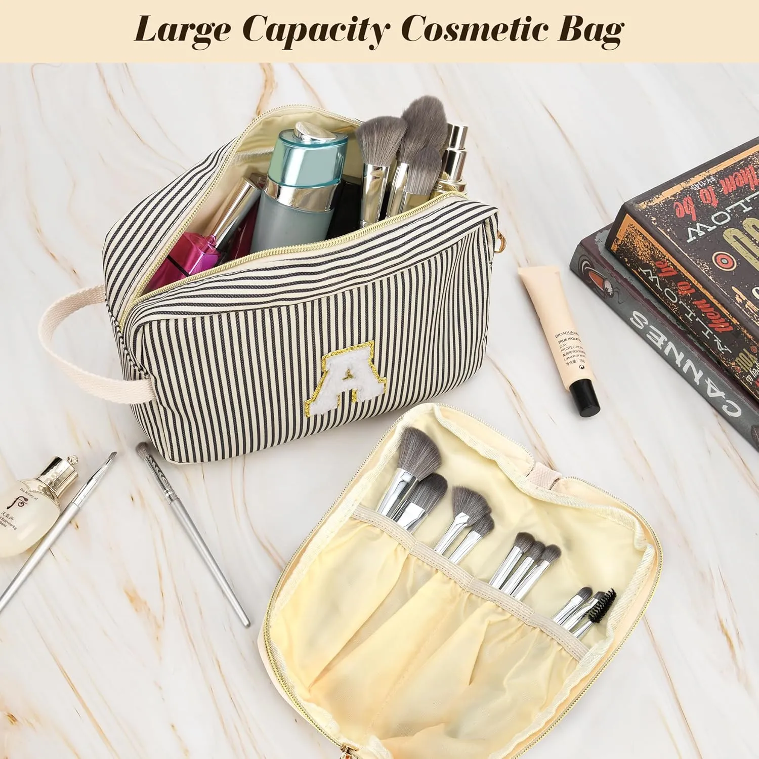 Travel Makeup Bag Gift for Women Girl Teens Preppy Stuff Cosmetic Bag Set, Cute Make Up Bag With Handle Personalized Initial Makeup Pouch Skin Care with Makeup Brush Bag Letter M (Blue&White Stripes)