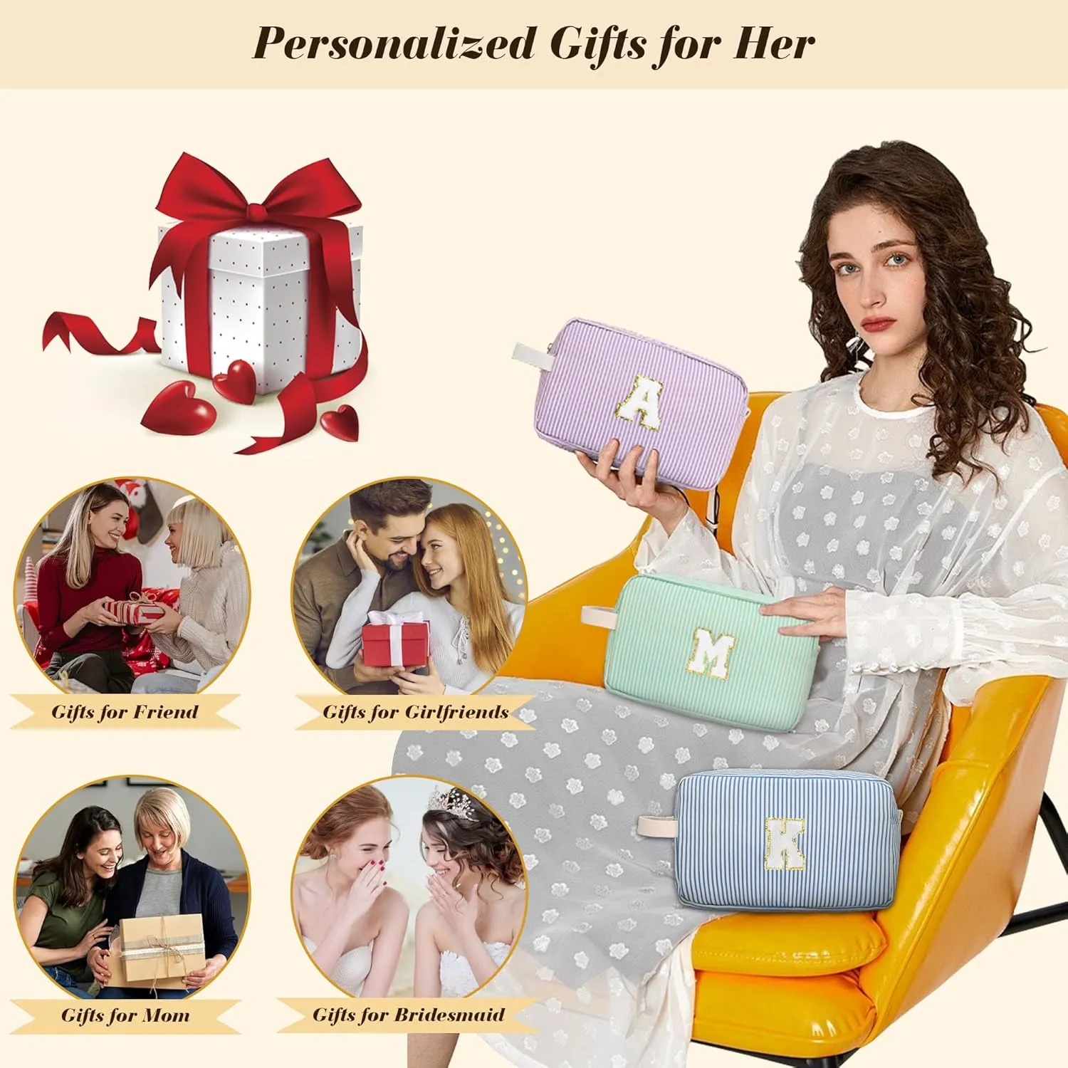 Travel Makeup Bag Gift for Women Girl Teens Preppy Stuff Cosmetic Bag Set, Cute Make Up Bag With Handle Personalized Initial Makeup Pouch Skin Care with Makeup Brush Bag Letter M (Blue&White Stripes)