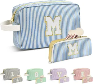 Travel Makeup Bag Gift for Women Girl Teens Preppy Stuff Cosmetic Bag Set, Cute Make Up Bag With Handle Personalized Initial Makeup Pouch Skin Care with Makeup Brush Bag Letter M (Blue&White Stripes)