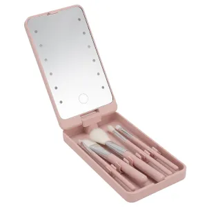 Travel Makeup Brush Set, 5Pcs Mini Makeup Brushes with Case & LED Light Mirror, Powder Concealers Eye Shadows Makeup Brush Set for On The Go