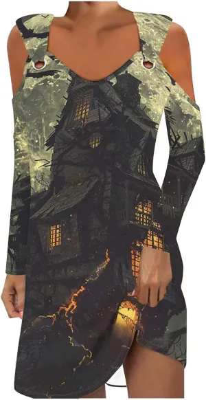 Trendy Halloween Prints Short Dress Long Sleeve Unique Casual Shift Midi Dress Cold Shoulder Party Graphic Dresses